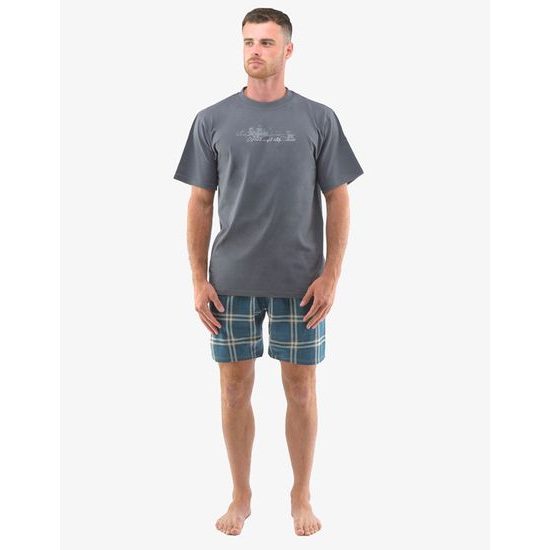 Pánské krátké pyžamo s kostkovaným vzorem 79134P - tm. šedá, petrolejová