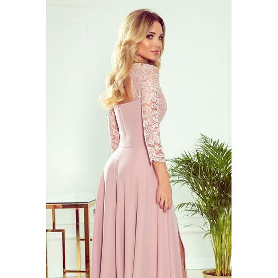 Amber elegantní krajkové dlouhé šaty s výstřihem - růžové