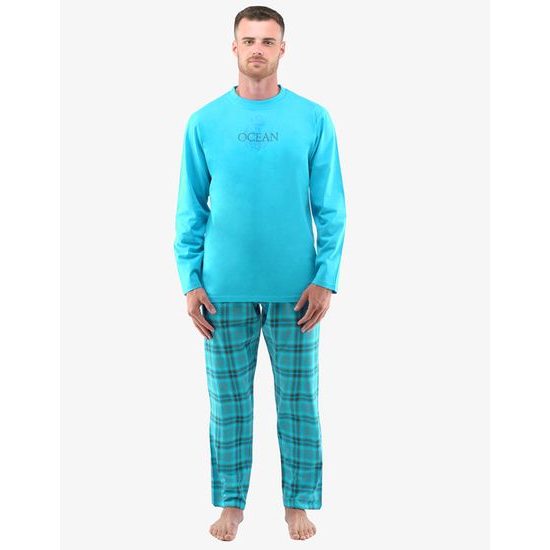 Pánské dlouhé pyžamo s kostkovaným vzorem 79135P - tyrkysová, tm. šedá
