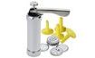 Cake decorator and biscuit press with heads and piping nozzles