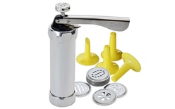 Cake decorator and biscuit press with heads and piping nozzles