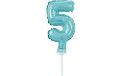 Balloon foil numerals - 5 - LIGHT BLUE 12,5 cm with holder