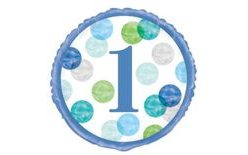 Balón foliový 1. narozeniny modrý s puntíky - 45 cm
