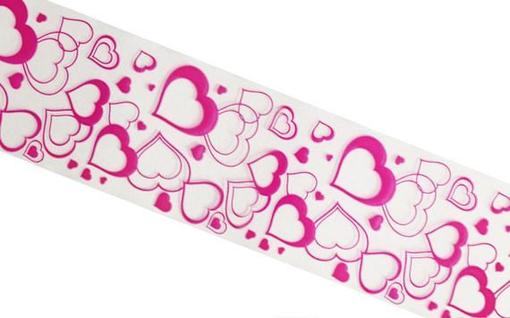 CAKE FOIL TAPE W. 5 CM - CLEAR WITH PRINTED HEART - 100 M