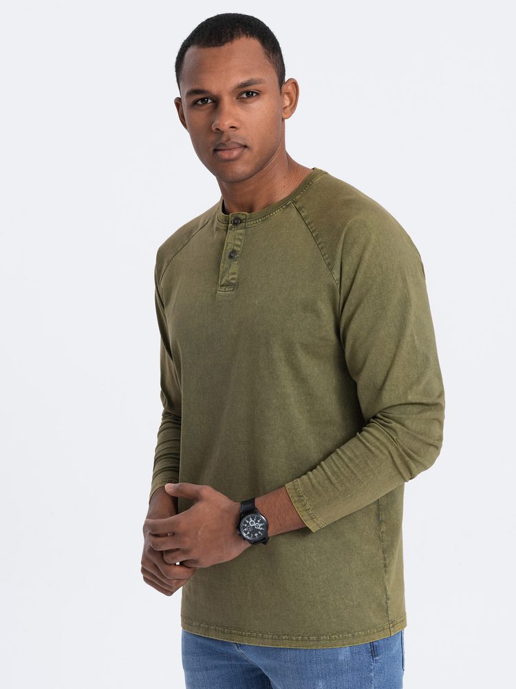 Trendy pánske tričko s dlhým rukávom- olivové