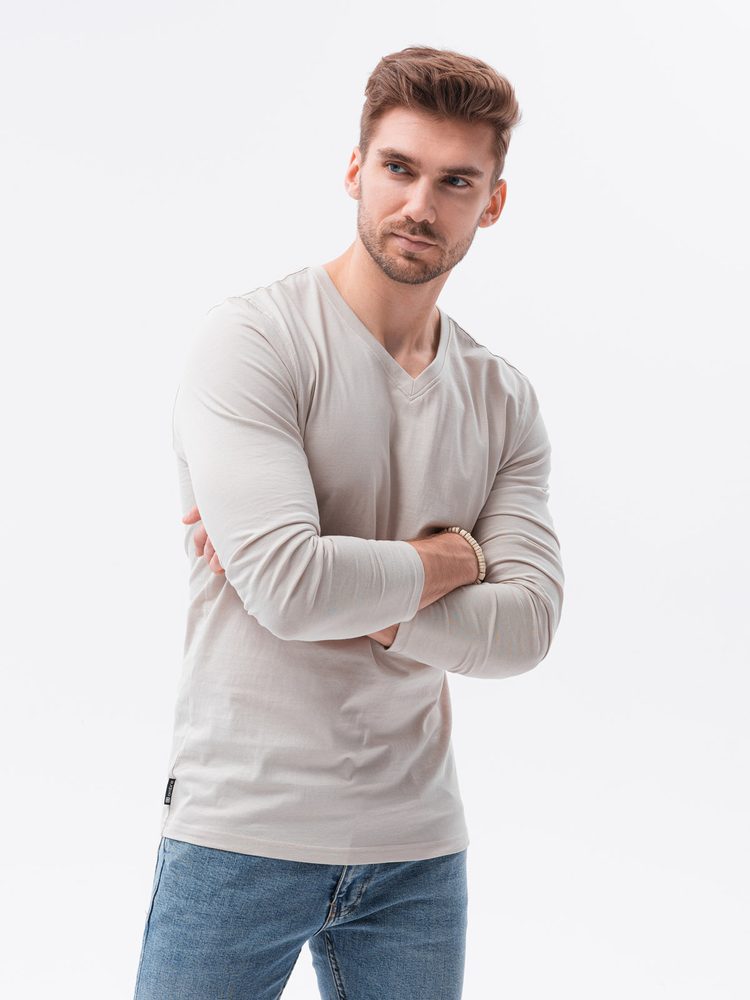 Pohodlné tričko s dlhým rukávom bez potlače béžové-muži