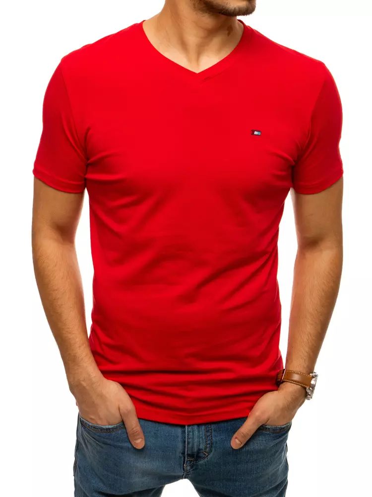 Pánske moderné tričko s krátkym rukávom a véčkovým výstrihom červené
