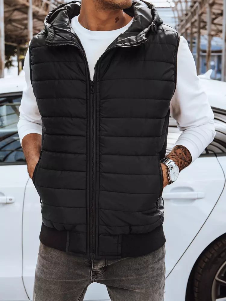 Trendová prešívaná vesta s kapucňou pre mužov čierna