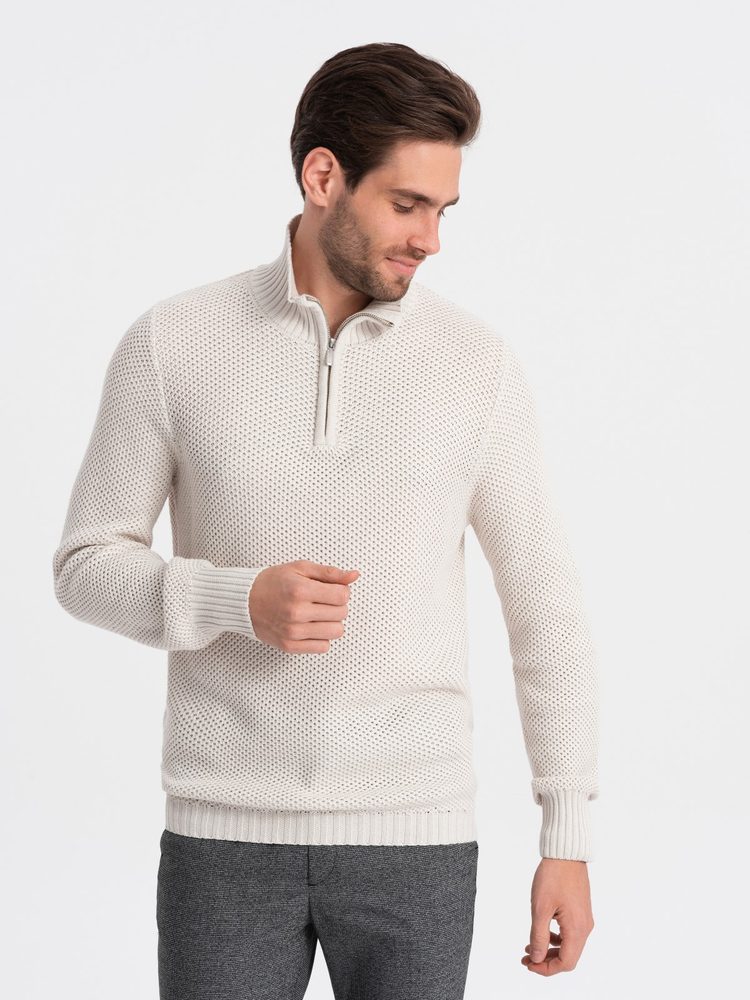 Jedinečný sveter so zipsom - pre pánov- krémový