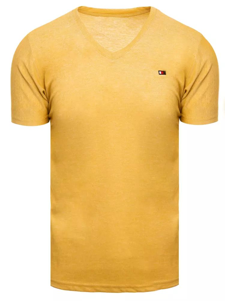 Bavlnené tričko s krátkym rukávom a véčkovým výstrihom pre mužov horčicové