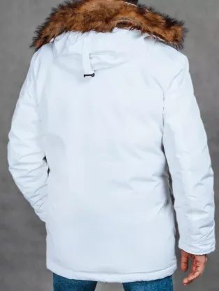 Atraktívna biela bunda s kapucňou kontrastnej farby