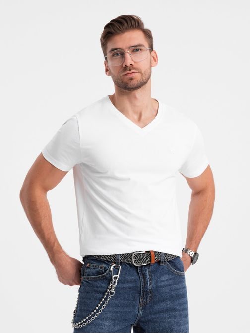 Trendy pánske biele tričko s V-výstrihom V1 TSCT-0106