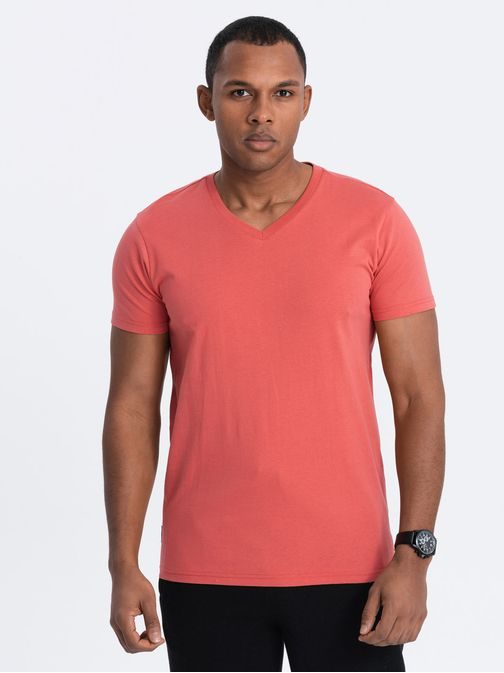 Bavlnené pánske koralové tričko s V-výstrihom V12-TSBS-0145
