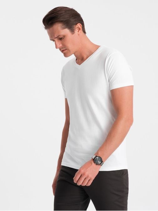 Bavlnené pánske biele tričko s V-výstrihom V4-TSBS-0145