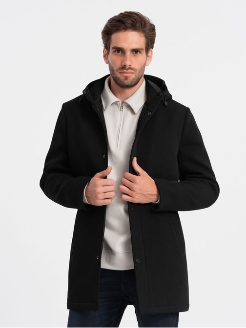 Zateplený čierny pánsky kabát zaujímavého strihu V1 OM-cowc-0110