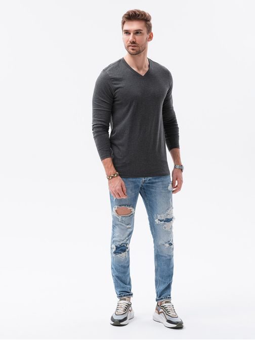 Tmavo-šedé tričko s dlhým rukávom a véčkovým výstrihom L136