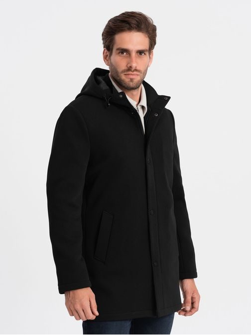 Zateplený čierny pánsky kabát zaujímavého strihu V1 OM-cowc-0110