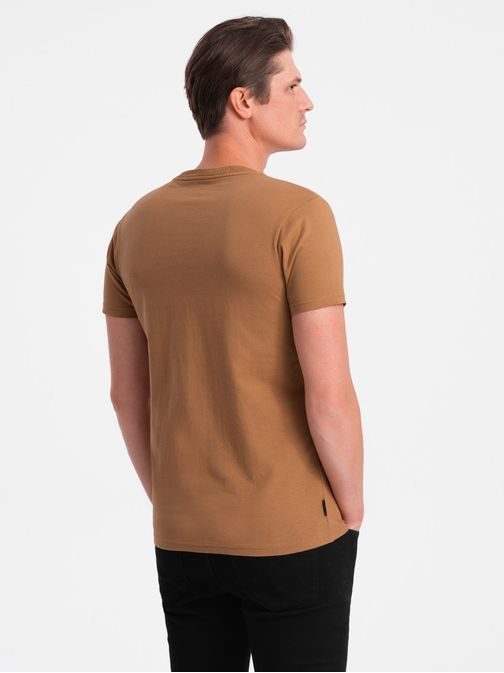 Bavlnené pánske hnedé tričko s V-výstrihom V8-TSBS-0145