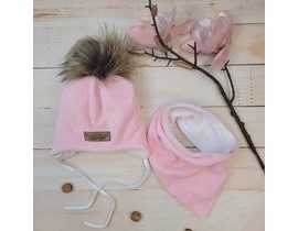 Zimní dvouvrstvá čepice na zavazování s bambulí z kožešinky + šátek Z&amp;Z, růžová