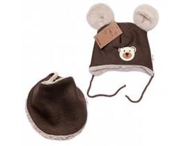 Pletená zimní čepice s kožíškem a šátkem Teddy Bear, Baby Nellys, hnědá, vel. 80/86