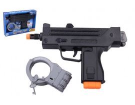 Pistole/Samopal policejní s pouty plast 24cm na baterie se zvukem se světlem v krabici 26x18x5cm