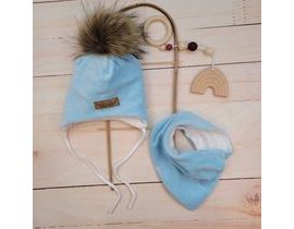 Zimní dvouvrstvá čepice na zavazování s bambulí z kožešinky + šátek Z&amp;Z, modrá
