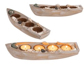 Dřevěná loďka na 4 čajové svíčky s mušlemi