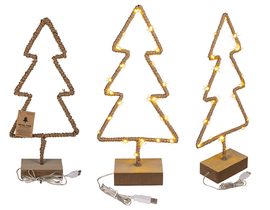 Kovový stromek s jutovou dekorací a LED diodami na dřevěném podstavci