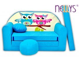 Rozkládací dětská pohovka XL Nellys, Sovičky - modré