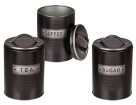 Černá plechová dóza: káva, čaj a cukr - kulatá