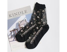 Průhledné ponožky s květy - černé