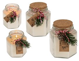 Vonná svíčka (ořech) ve skle s korkovým víčkem a vánočním dekorem