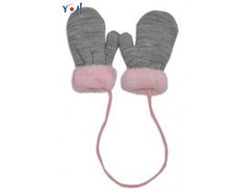 Zimní kojenecké rukavičky s kožíškem - se šňůrkou YO - šedé/růžový kožíšek, 110