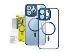 Sada průhledného magnetického pouzdra a tvrzeného skla Baseus Frame pro iPhone 14 Pro Max (modrá)