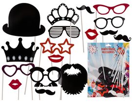 Party photo accessories on stick (Moustache, Lips, Hat, Crown, Glasses, Beard) set of 17 pcs. in polybag with headercard