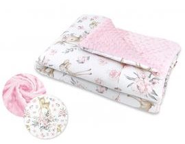 Baby Nellys Oteplená bavlněná deka s Minky 100x75cm, Srnka a růže - růžová
