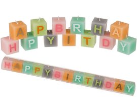 Barevné čtvercové svíčky s písmeny, Happy Birthday
