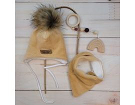 Zimní dvouvrstvá čepice na zavazování s bambulí z kožešinky + šátek Z&amp;Z, béžová