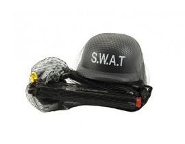 Sada SWAT helma+pistole na setrvačník s doplňky plast v síťce