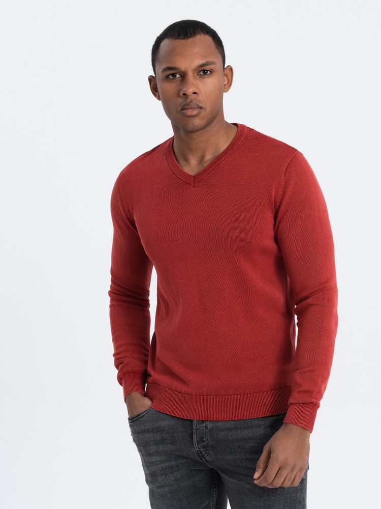 Pánský svetr s výstřihem do V v červené barvě V3 SWOS-0108