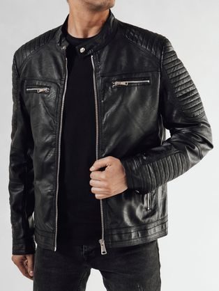 Černá kožená bunda s výrazným zipem