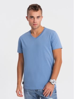 Bavlněné pánské modré tričko s výstřihem do V V5-TSBS-0145