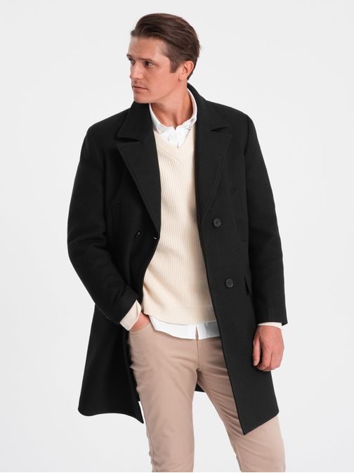Zateplený černý dvojřadý pánský kabát V4 OM-COWC-0107