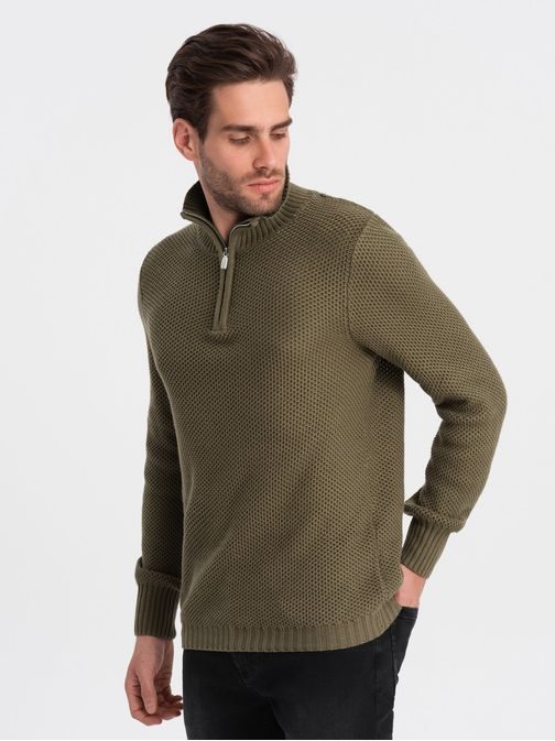 Elegantní pánský svetr v olivové barvě V6 SWZS-0105