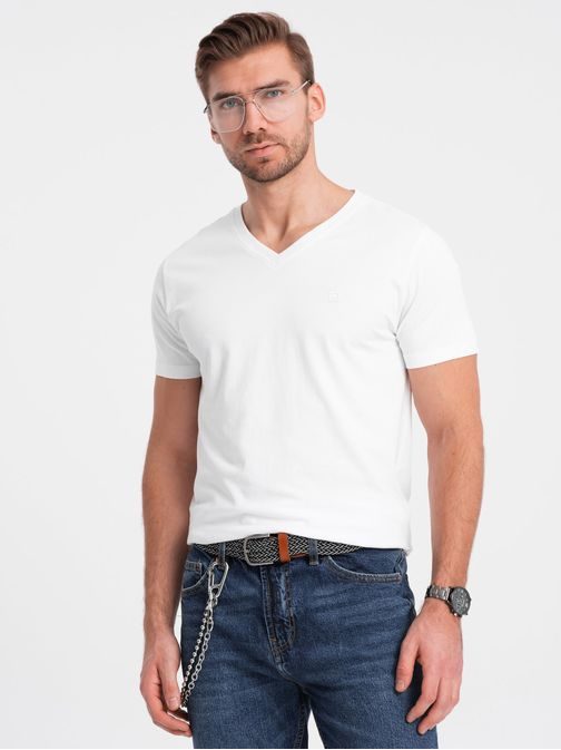 Trendy pánské bílé tričko s výstřihem do V V1 TSCT-0106