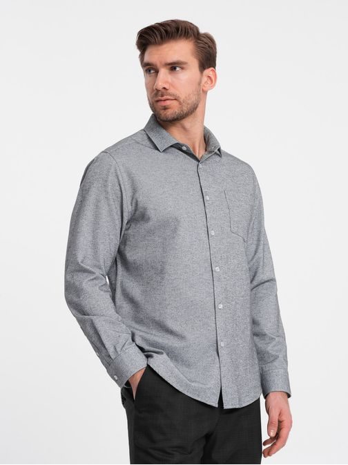 Ležérní šedá melírovaná košile s kapsou V3 SHCS-0148