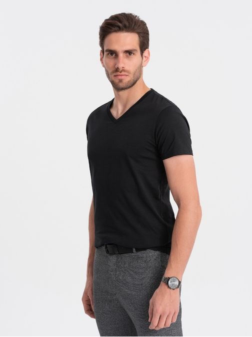 Bavlněné pánské černé tričko s výstřihem do V V1-TSBS-0145