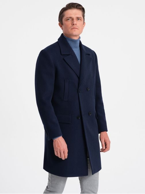 Zateplený tmavě modrý dvojřadý pánský kabát V3 OM-COWC-0107