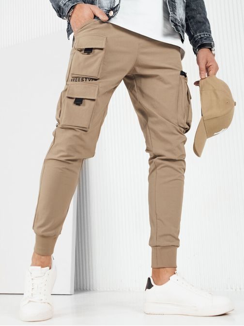 Trendy béžové pánské kapsáčové jogger kalhoty UP