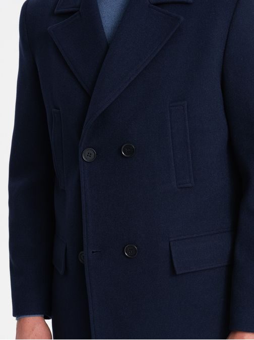 Zateplený tmavě modrý dvojřadý pánský kabát V3 OM-COWC-0107